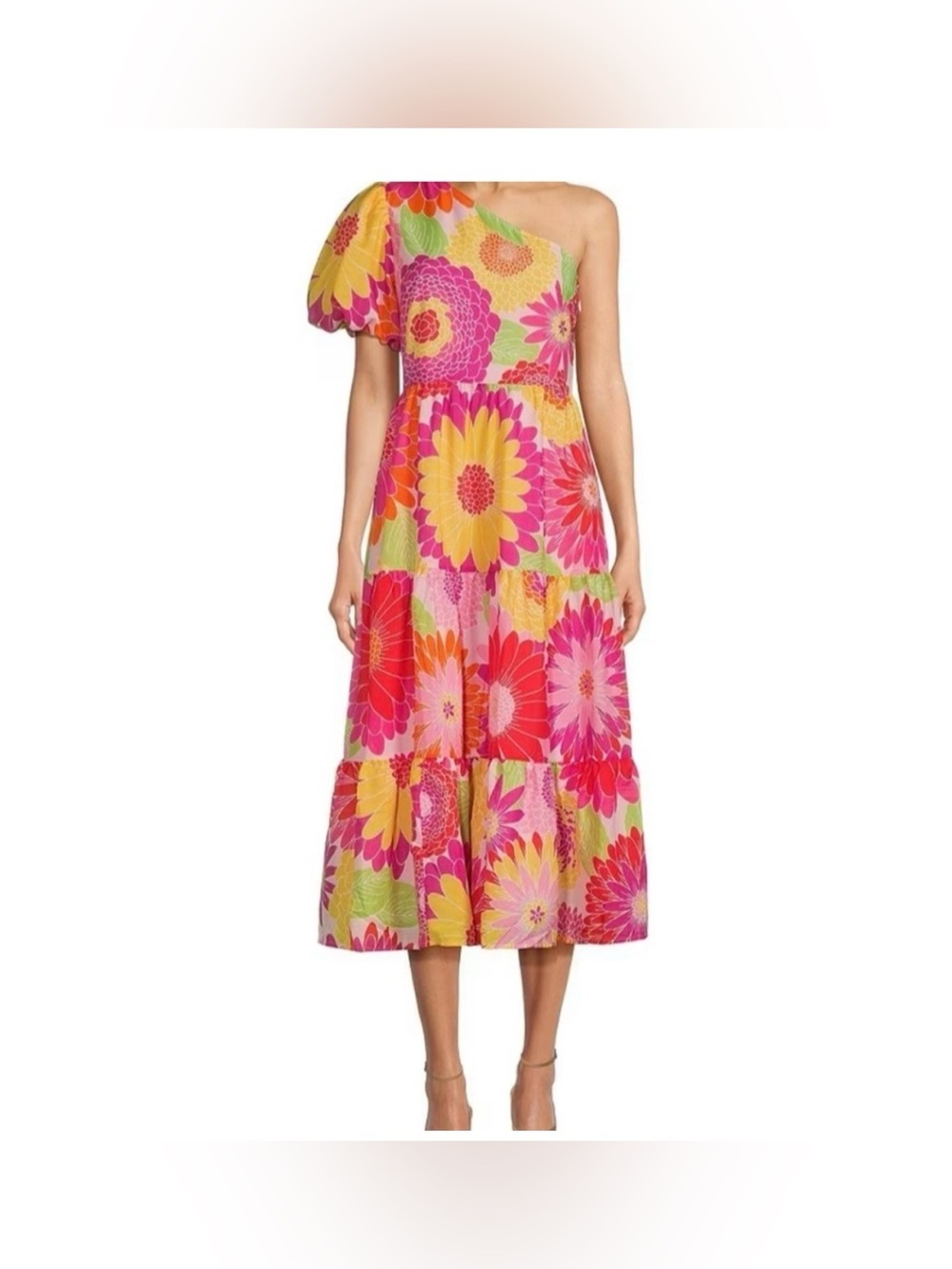J.Marie Leilani One Shoulder Short Puffed Sleeve Tiered Midi DressFrom J.Marie